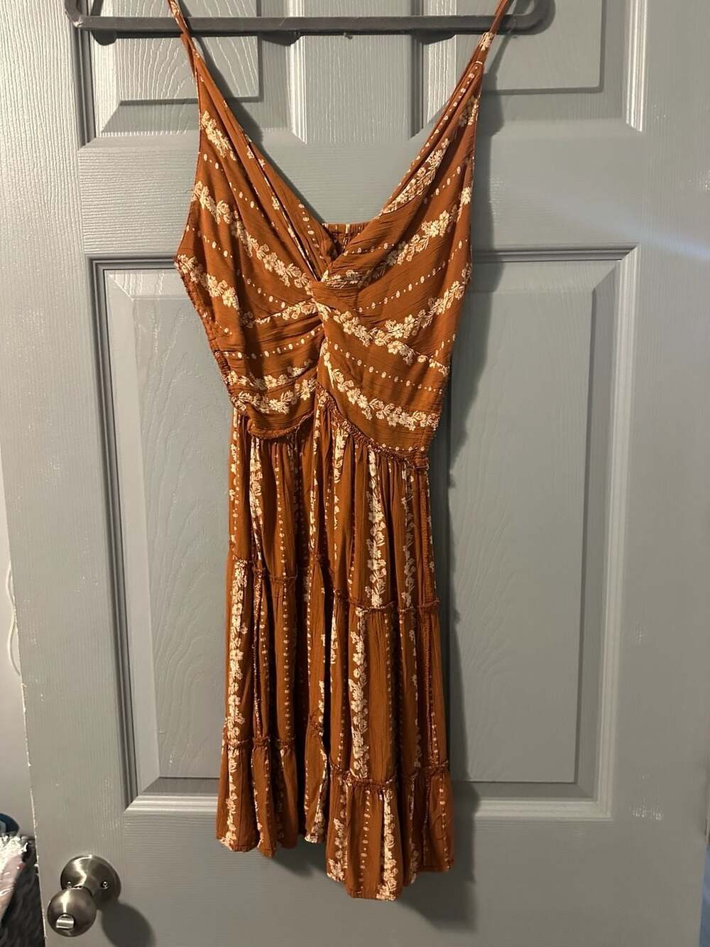 Angie Rust Floral Print Twisted V-Neck Tiered Boho Midi Dress